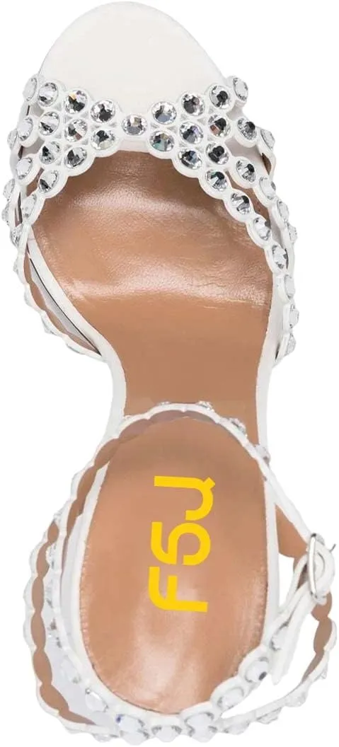 FSJ Women Fashion Open Almond Toe Ankle Strap Sandals Chunky High Heel Crystal Rhinestone Pumps Wedding Party Evening Shoes