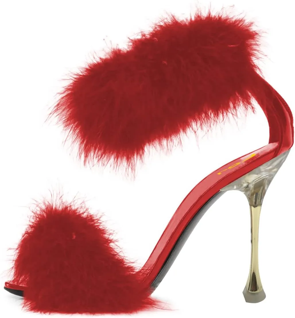 FSJ Women Fur Feather Stiletto High Heels, Fur Sandals with Open Toe Back Zipper Wedding Dress Party & Evening Shoes Size 4-15 US