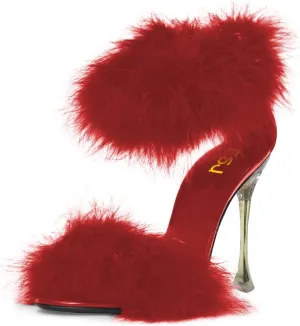 FSJ Women Fur Feather Stiletto High Heels, Fur Sandals with Open Toe Back Zipper Wedding Dress Party & Evening Shoes Size 4-15 US
