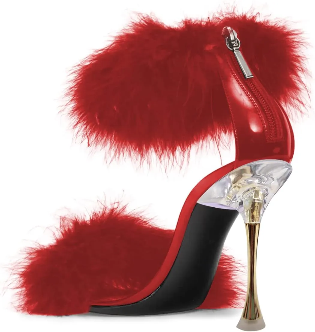 FSJ Women Fur Feather Stiletto High Heels, Fur Sandals with Open Toe Back Zipper Wedding Dress Party & Evening Shoes Size 4-15 US