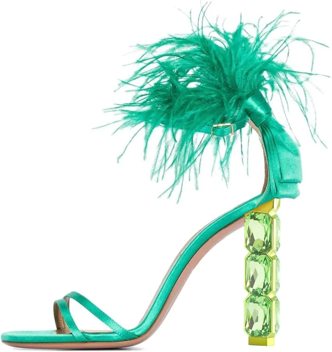 FSJ Women Gorgeous Crystal Beaded High Heel Sexy Fur Feather Bow Sandals Open Toe Ankle Strap Wedding Party Dress Shoes Size 4-15 US