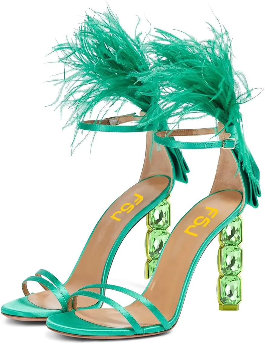 FSJ Women Gorgeous Crystal Beaded High Heel Sexy Fur Feather Bow Sandals Open Toe Ankle Strap Wedding Party Dress Shoes Size 4-15 US