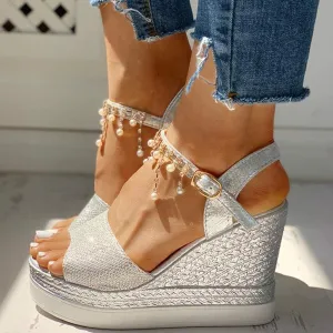 Fululuer Wedge Sandals for Women,Espadrille Sandals Women Dressy Summer Platform Ankle Buckle Sandals Summer Beach Sandals Open Toe Wide Widge Orthopedic Wide Width Sandals for Women (C-Silver, 8)