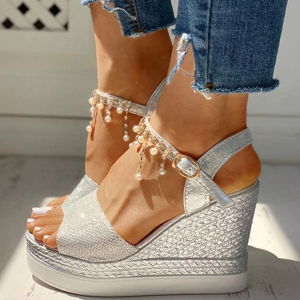 Fululuer Wedge Sandals for Women,Espadrille Sandals Women Dressy Summer Platform Ankle Buckle Sandals Summer Beach Sandals Open Toe Wide Widge Orthopedic Wide Width Sandals for Women (C-Silver, 8)