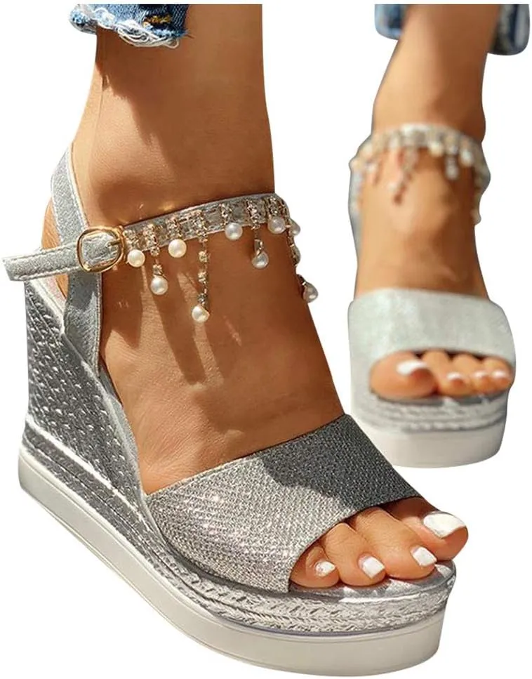 Fululuer Wedge Sandals for Women,Espadrille Sandals Women Dressy Summer Platform Ankle Buckle Sandals Summer Beach Sandals Open Toe Wide Widge Orthopedic Wide Width Sandals for Women (C-Silver, 8)