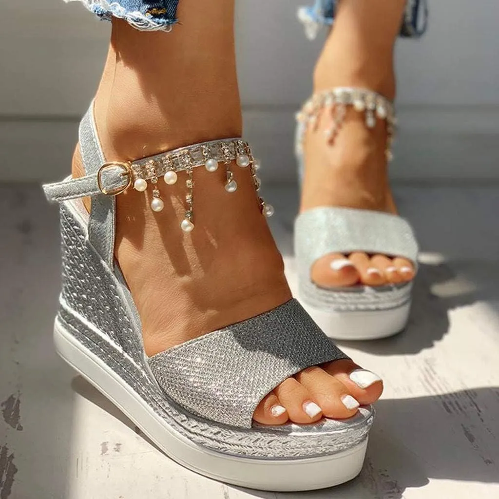 Fululuer Wedge Sandals for Women,Espadrille Sandals Women Dressy Summer Platform Ankle Buckle Sandals Summer Beach Sandals Open Toe Wide Widge Orthopedic Wide Width Sandals for Women (C-Silver, 8)