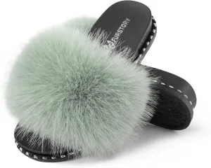 Fur Slippers Furry Fuzzy Slides Platform Sandals Open Toe Fluffy Slides Feather Sandals Fur Slip On Shoes for Women