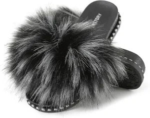 Fur Slippers Furry Fuzzy Slides Platform Sandals Open Toe Fluffy Slides Feather Sandals Fur Slip On Shoes for Women