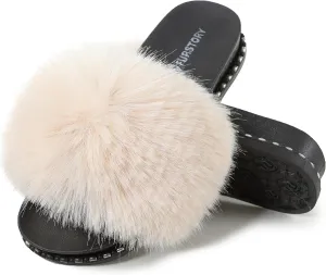 Fur Slippers Furry Fuzzy Slides Platform Sandals Open Toe Fluffy Slides Feather Sandals Fur Slip On Shoes for Women