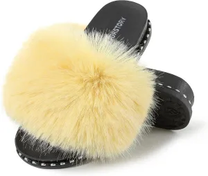 Fur Slippers Furry Fuzzy Slides Platform Sandals Open Toe Fluffy Slides Feather Sandals Fur Slip On Shoes for Women