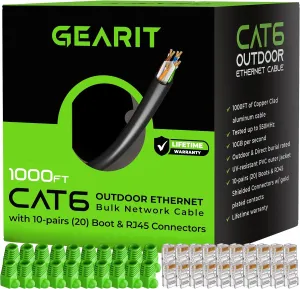 GEARit RJ45 Cat-6 Ethernet Patch Cable, DIY Bulk Kit (20 RJ45 & 20 Boot), 10Gpb Transfer Speed, Gold-Plated Connector, Copper Clad, Outdoor, UV Resistant, Direct Burial, Waterproof, 1,000 Foot, Black