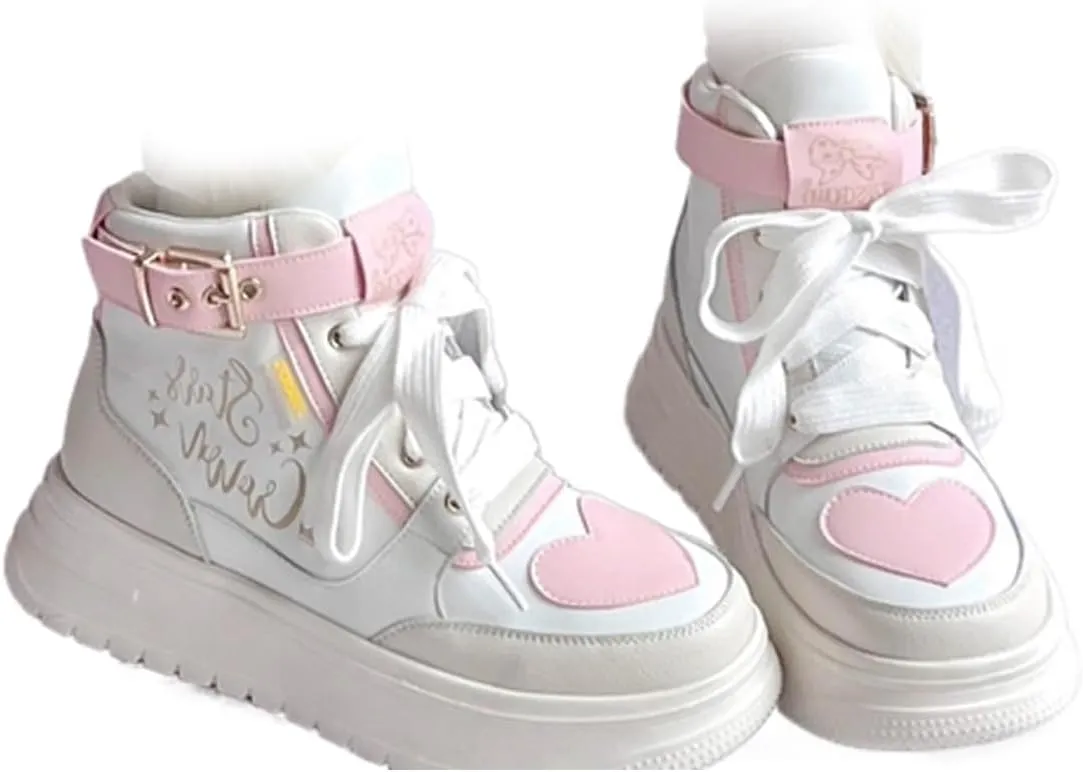 Geerta Cute Shoes Y2K の Girls High Top Lolita Chunky Cookie Sneaker Pretty Pastel Aesthetic Platform Thick Sole Japanese Kawaii Retro Gothic Vintage White Doll Shoes for Women