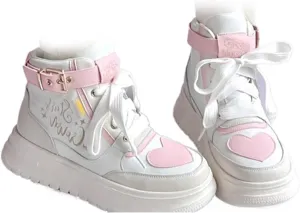 Geerta Cute Shoes Y2K の Girls High Top Lolita Chunky Cookie Sneaker Pretty Pastel Aesthetic Platform Thick Sole Japanese Kawaii Retro Gothic Vintage White Doll Shoes for Women