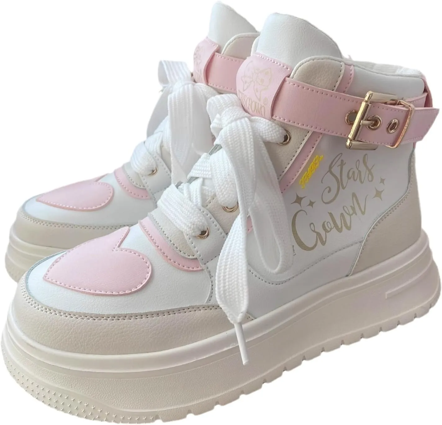 Geerta Cute Shoes Y2K の Girls High Top Lolita Chunky Cookie Sneaker Pretty Pastel Aesthetic Platform Thick Sole Japanese Kawaii Retro Gothic Vintage White Doll Shoes for Women