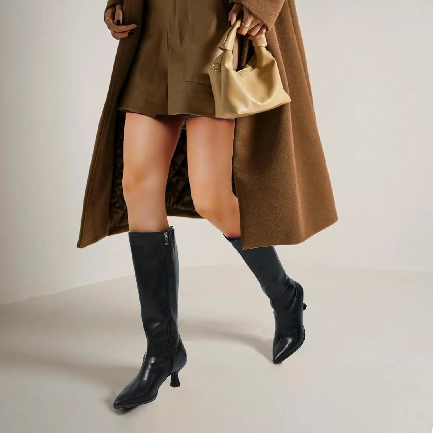GENSHUO Knee High Boots Women Pointed Toe 2.3 Inches Kitten Heel Tall Boots Classic Fashionable Long Boots with Side Zipper Winter