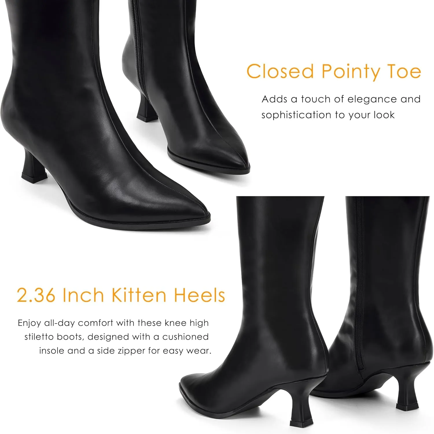 GENSHUO Knee High Boots Women Pointed Toe 2.3 Inches Kitten Heel Tall Boots Classic Fashionable Long Boots with Side Zipper Winter