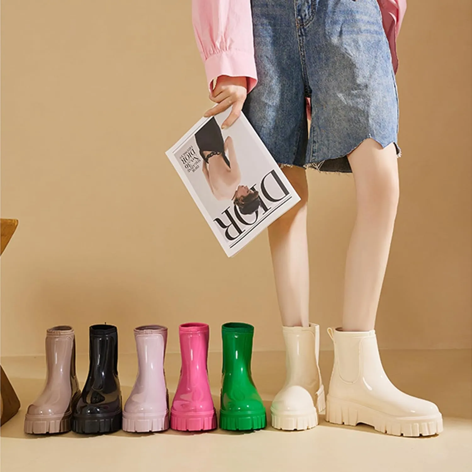 Gets Womens Rain Boots, Waterproof Platform Rubber Chelsea Rainboots, Comfortable Short Shoes Ankle Garden Boots for Outdoor Work