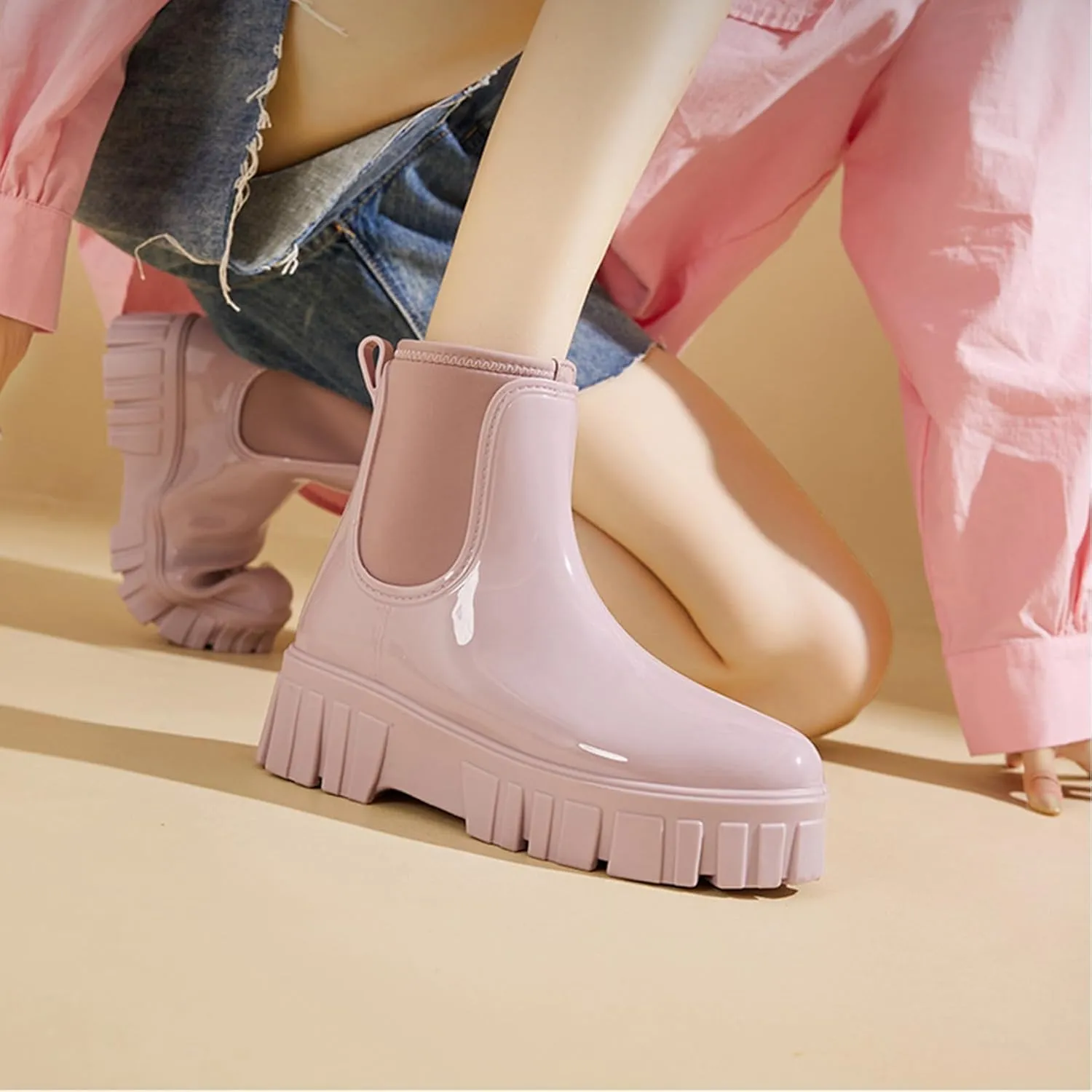Gets Womens Rain Boots, Waterproof Platform Rubber Chelsea Rainboots, Comfortable Short Shoes Ankle Garden Boots for Outdoor Work