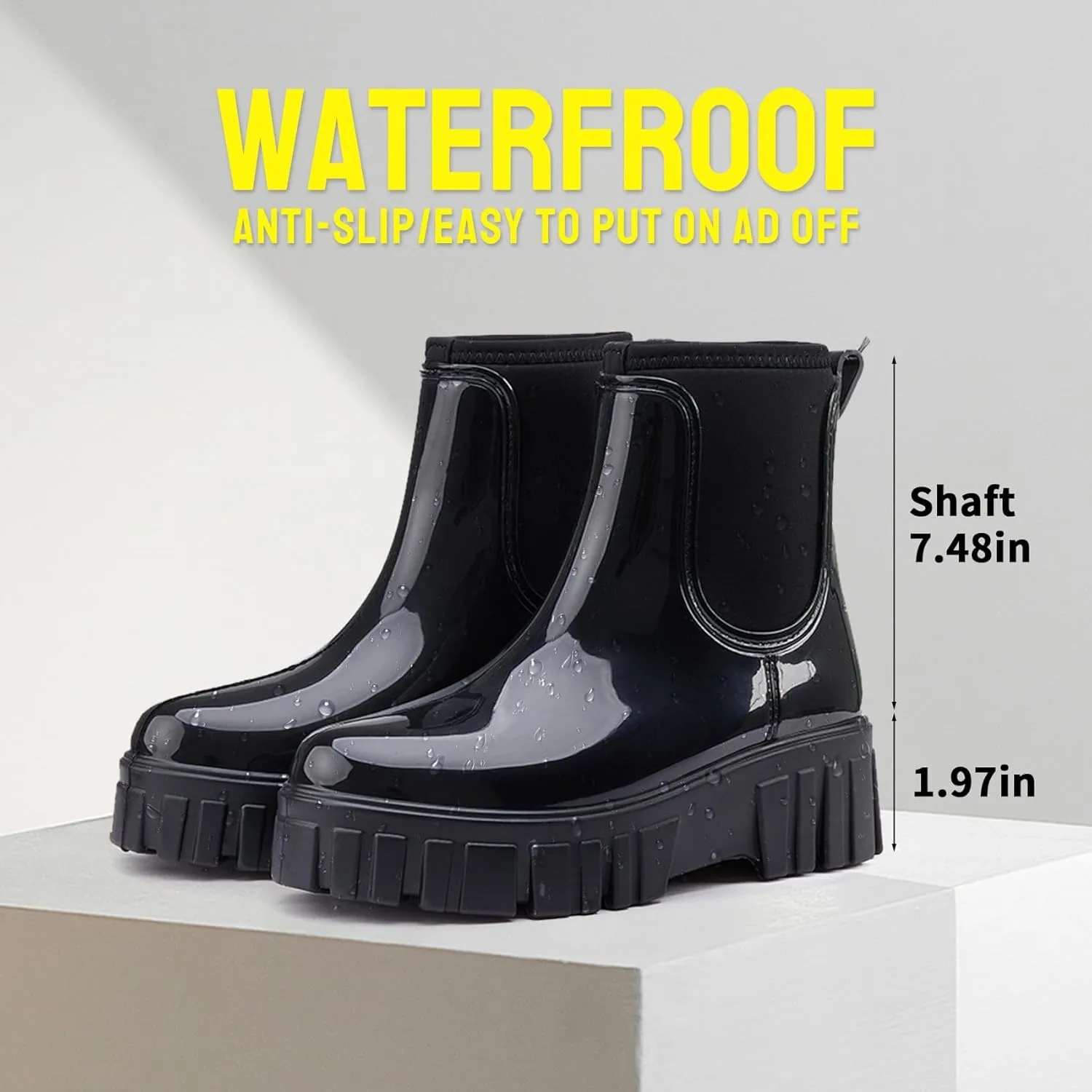 Gets Womens Rain Boots, Waterproof Platform Rubber Chelsea Rainboots, Comfortable Short Shoes Ankle Garden Boots for Outdoor Work