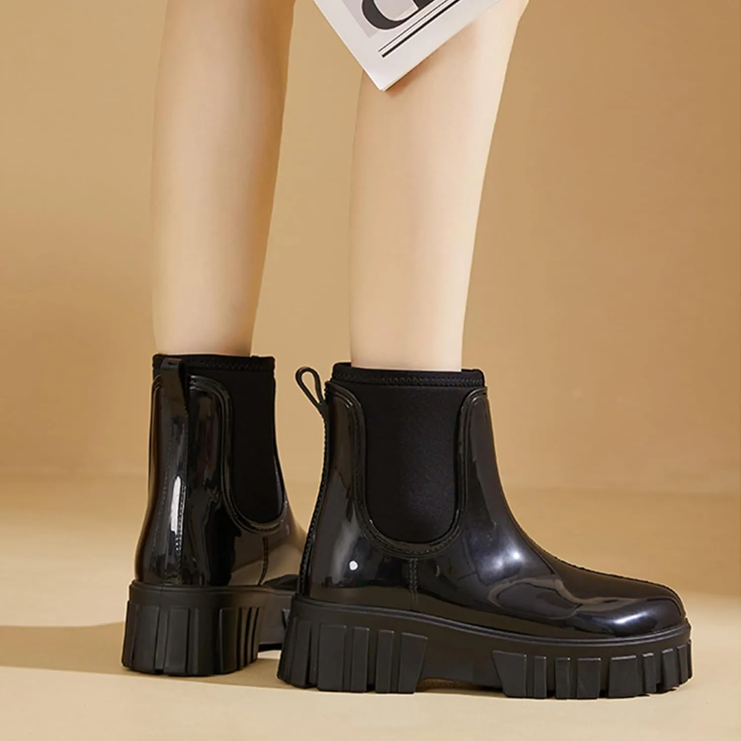 Gets Womens Rain Boots, Waterproof Platform Rubber Chelsea Rainboots, Comfortable Short Shoes Ankle Garden Boots for Outdoor Work