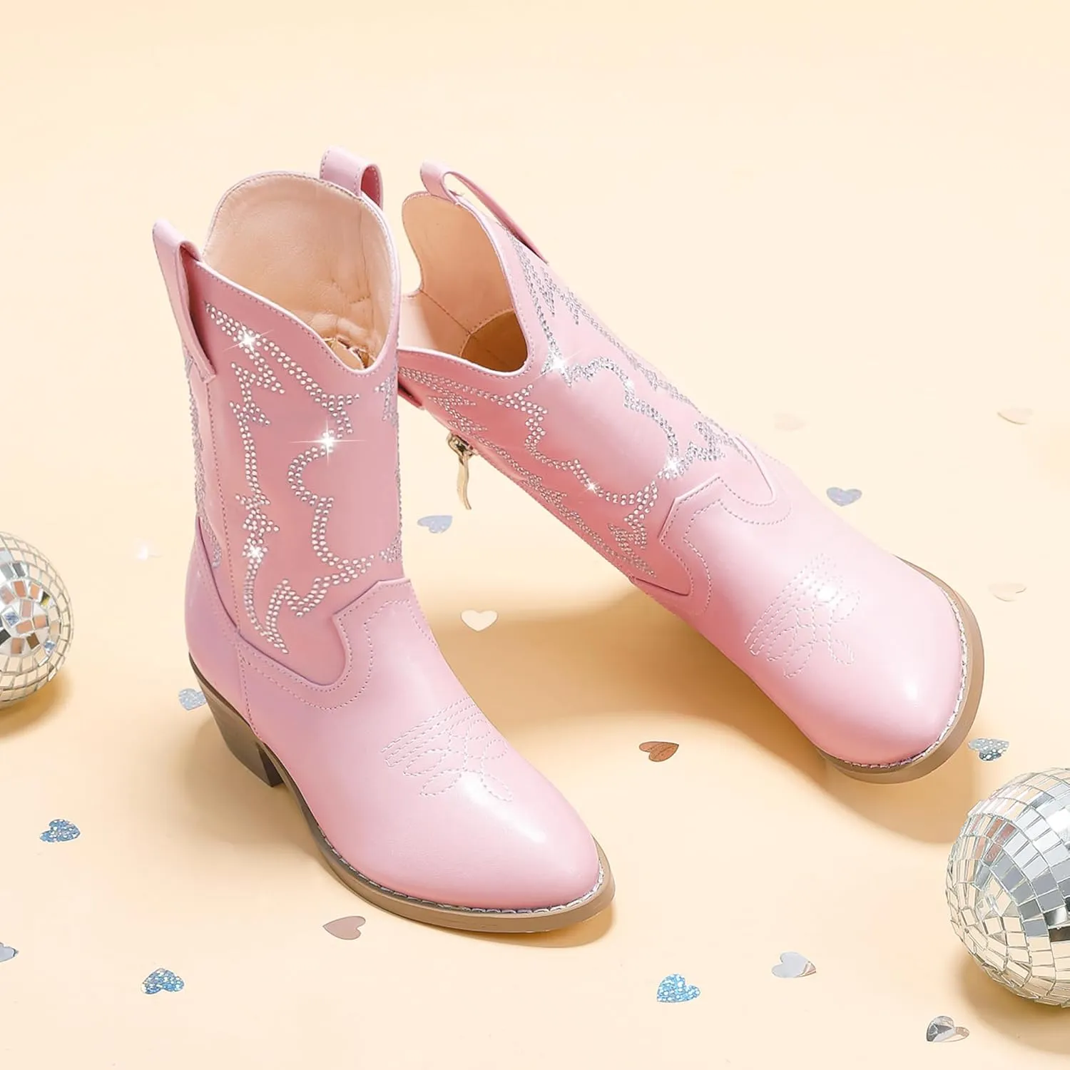 Girls Cowboy Boots Pull On Cowgirl Boots Pointed Toe Mid Calf Western Boots for Little Kid Big Kid