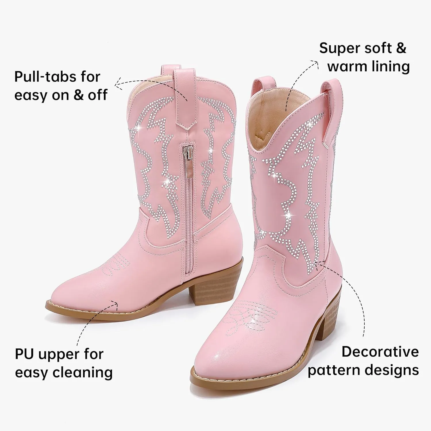 Girls Cowboy Boots Pull On Cowgirl Boots Pointed Toe Mid Calf Western Boots for Little Kid Big Kid
