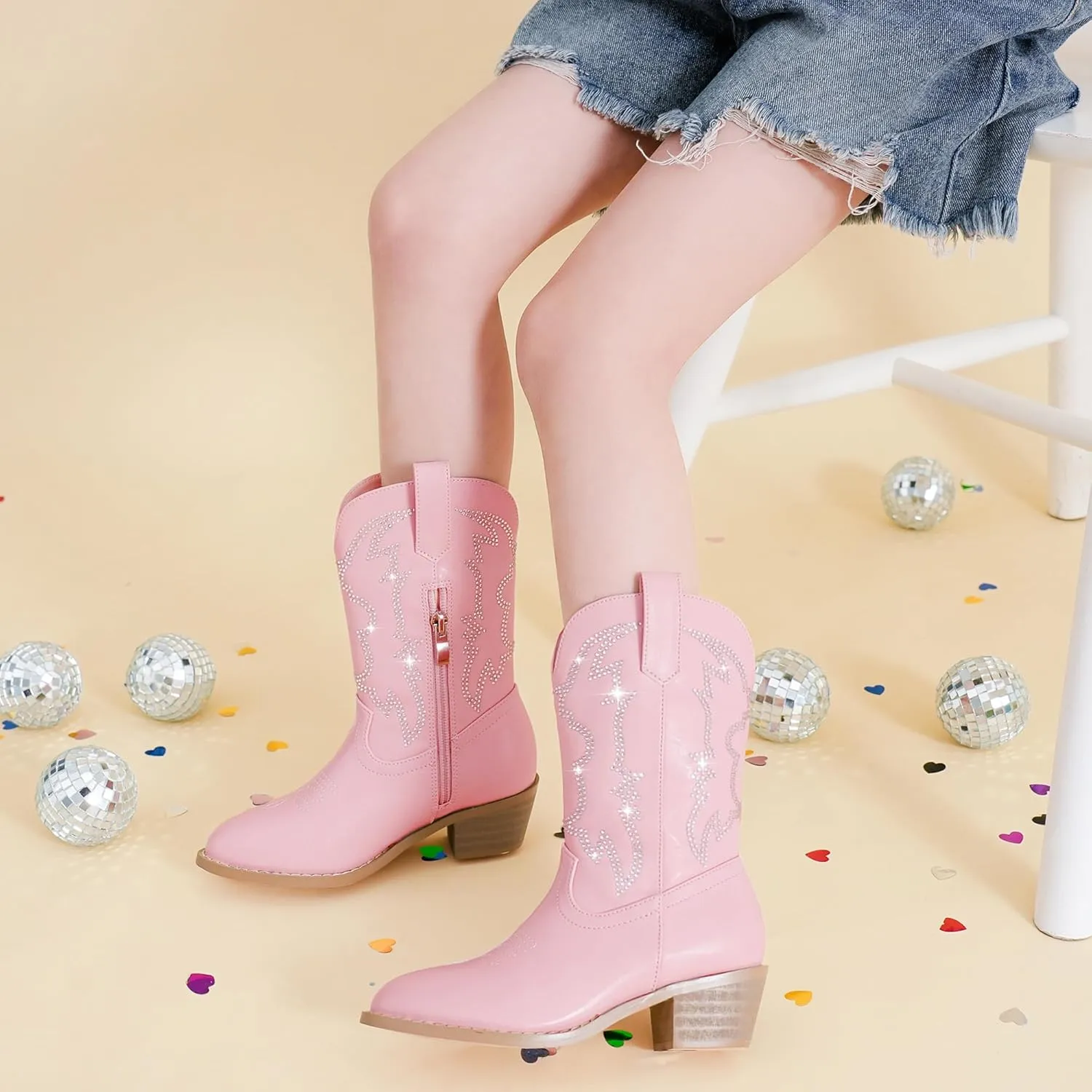 Girls Cowboy Boots Pull On Cowgirl Boots Pointed Toe Mid Calf Western Boots for Little Kid Big Kid
