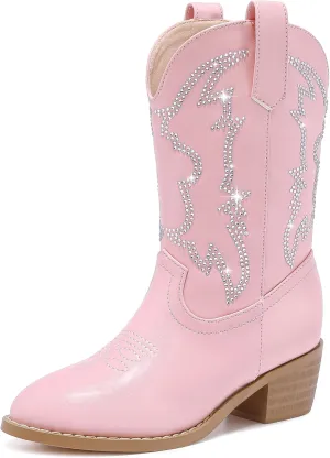 Girls Cowboy Boots Pull On Cowgirl Boots Pointed Toe Mid Calf Western Boots for Little Kid Big Kid