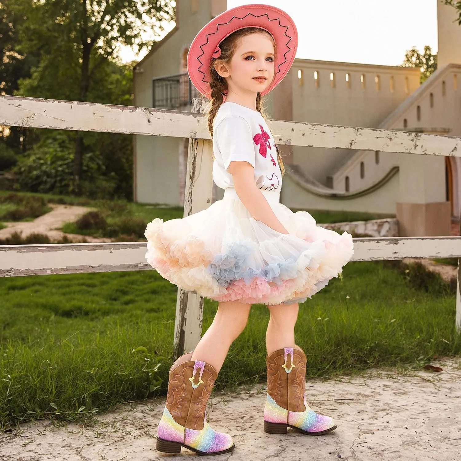 Girls Cowgirl Boots Mid Calf Square Toe Western Boot for Kids Glitter Cowboy Boot in Party for Toddler Little Big Girls Riding Shoes