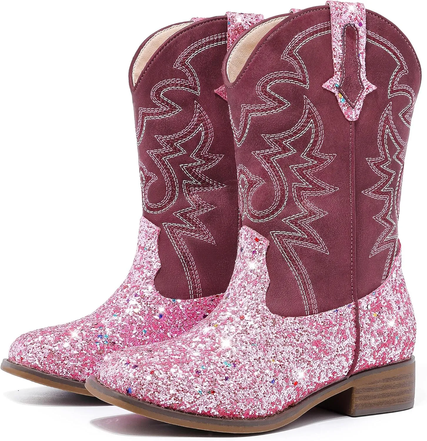 Girls Cowgirl Boots Mid Calf Square Toe Western Boot for Kids Glitter Cowboy Boot in Party for Toddler Little Big Girls Riding Shoes
