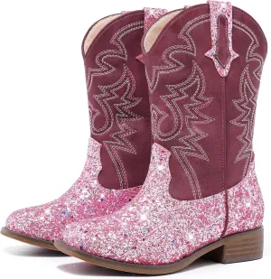Girls Cowgirl Boots Mid Calf Square Toe Western Boot for Kids Glitter Cowboy Boot in Party for Toddler Little Big Girls Riding Shoes