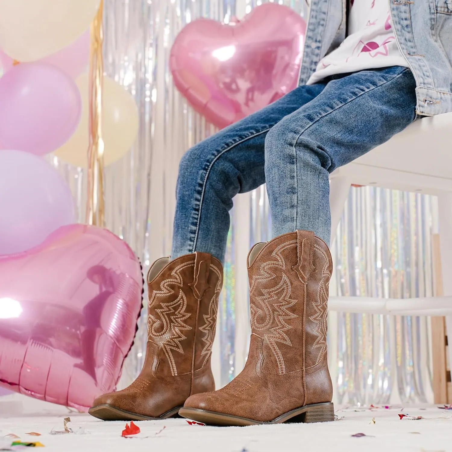 Girls Cowgirl Boots Mid Calf Square Toe Western Boot for Kids Glitter Cowboy Boot in Party for Toddler Little Big Girls Riding Shoes