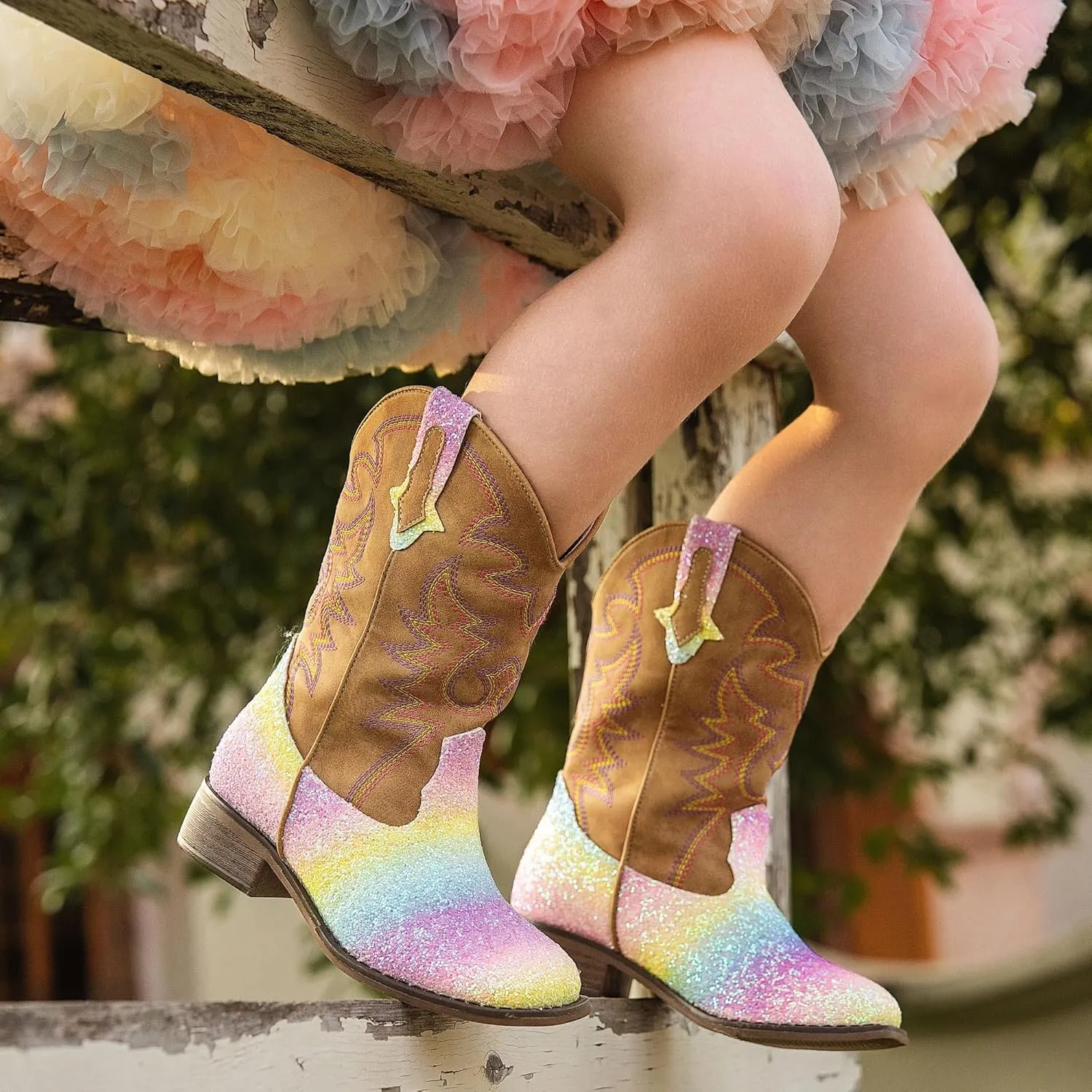 Girls Cowgirl Boots Mid Calf Square Toe Western Boot for Kids Glitter Cowboy Boot in Party for Toddler Little Big Girls Riding Shoes