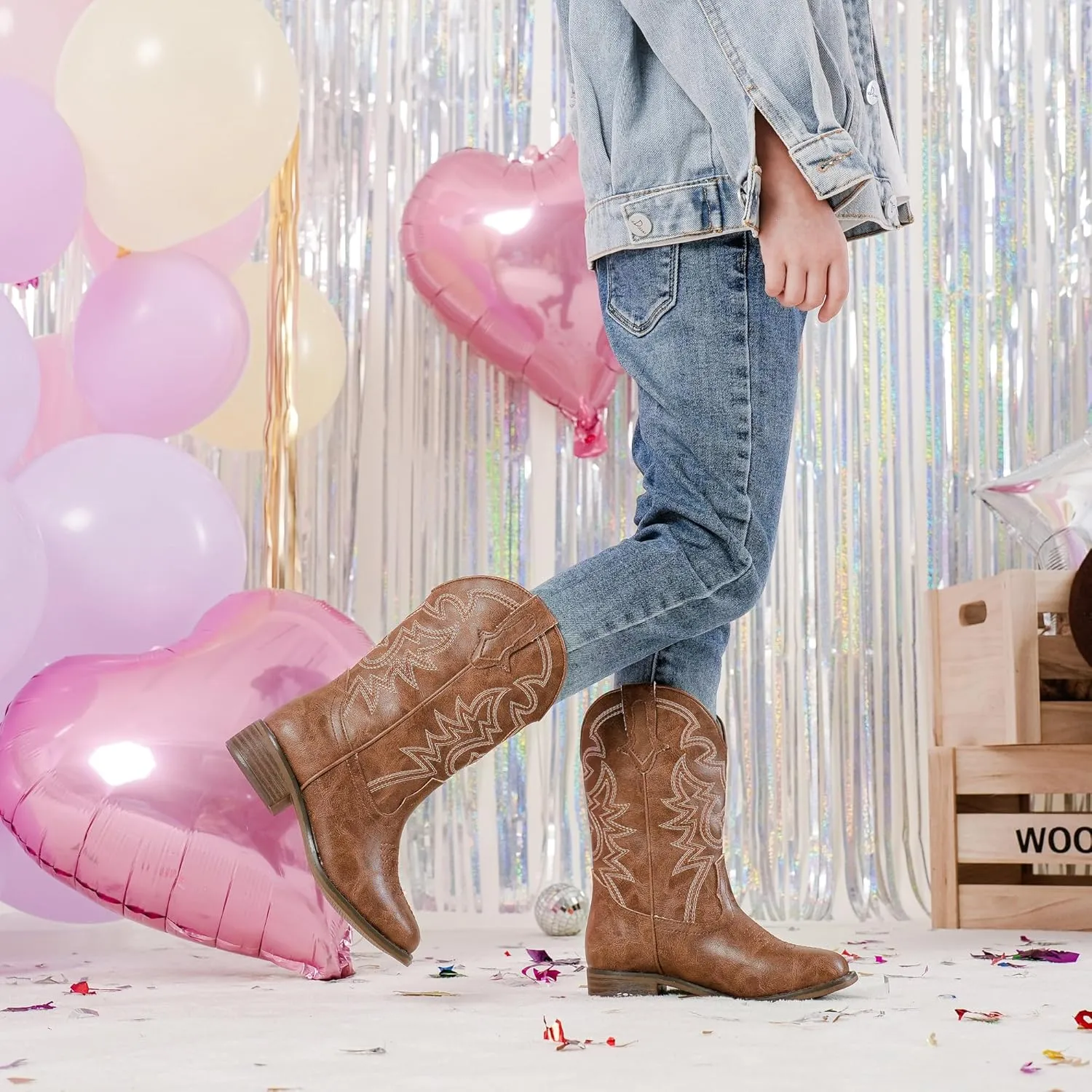 Girls Cowgirl Boots Mid Calf Square Toe Western Boot for Kids Glitter Cowboy Boot in Party for Toddler Little Big Girls Riding Shoes