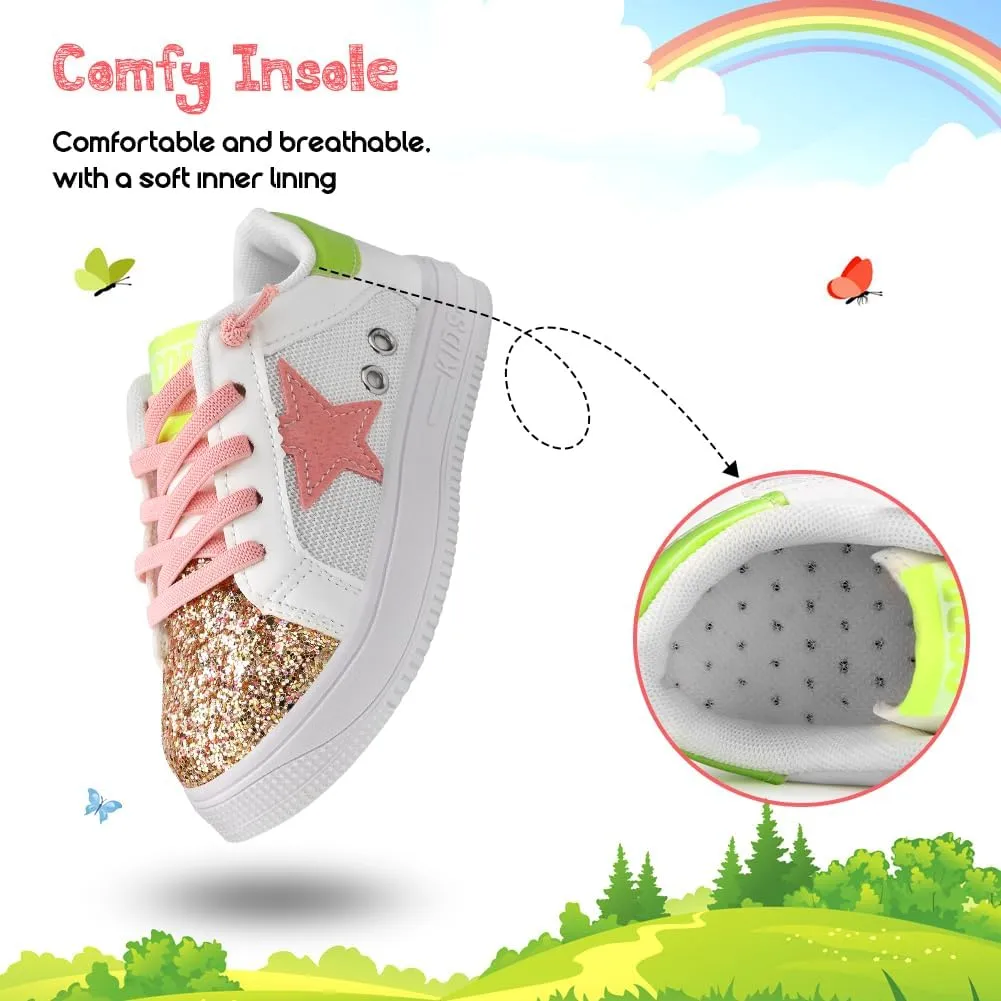 Girls Sneakers Glitter Tennis Shoes Lightweight Non-Slip Running Walking Shoes for Toddler/Little Kid/Big Kid