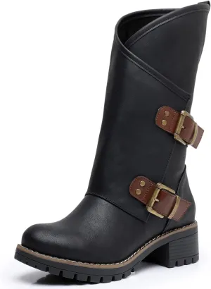 GLOBALWIN Women's The Twisted Rider Motorcycle Boots Mid-Calf Fashion Boots For Women Low Heel
