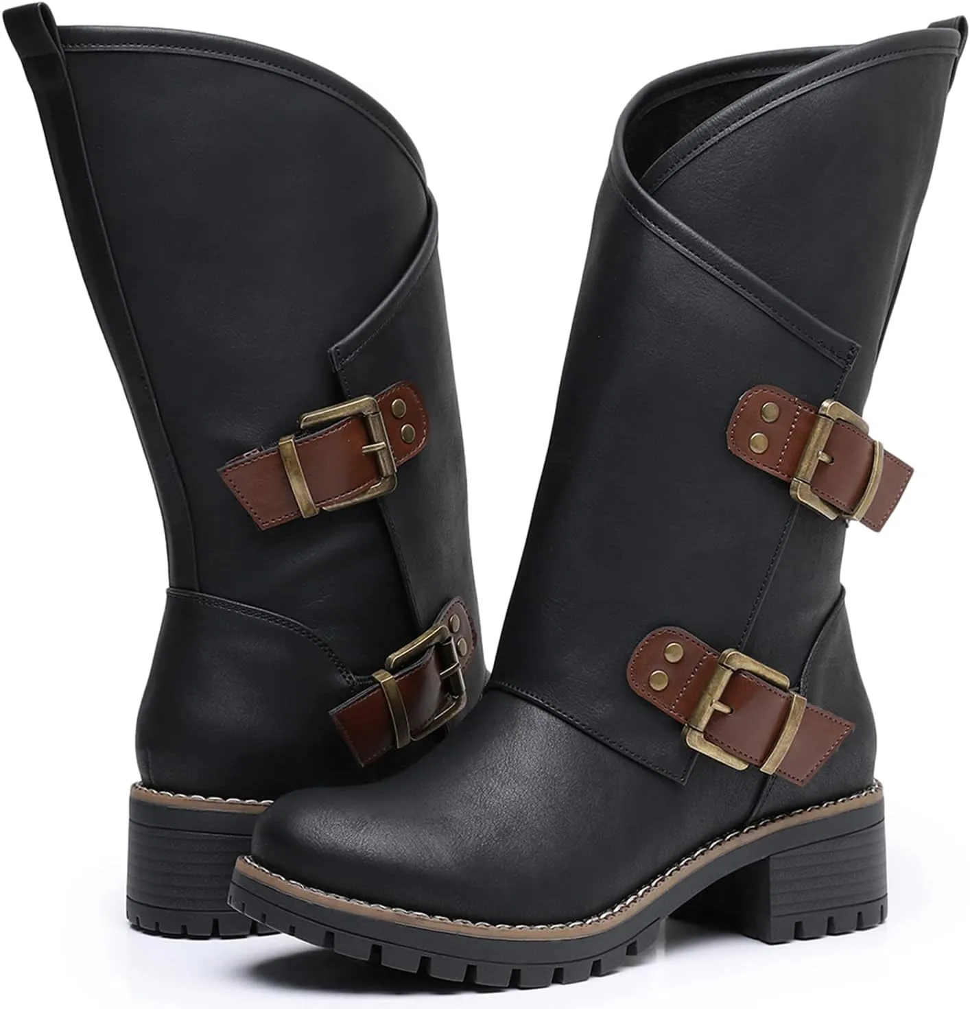 GLOBALWIN Women's The Twisted Rider Motorcycle Boots Mid-Calf Fashion Boots For Women Low Heel