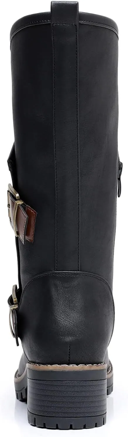 GLOBALWIN Women's The Twisted Rider Motorcycle Boots Mid-Calf Fashion Boots For Women Low Heel