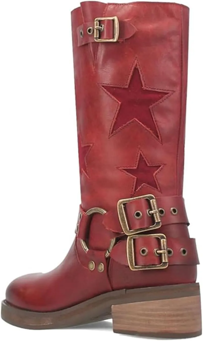 Goolita Buckle Biker Boots Women Square Toe Chunky Heel Star Moto Mid Calf Boots Slip On Motorcycle Riding Boots