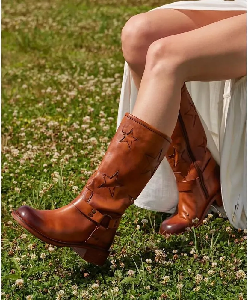 Goolita Buckle Biker Boots Women Square Toe Chunky Heel Star Moto Mid Calf Boots Slip On Motorcycle Riding Boots