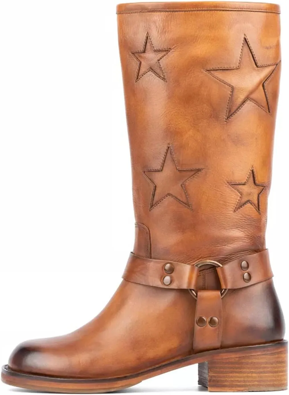 Goolita Buckle Biker Boots Women Square Toe Chunky Heel Star Moto Mid Calf Boots Slip On Motorcycle Riding Boots