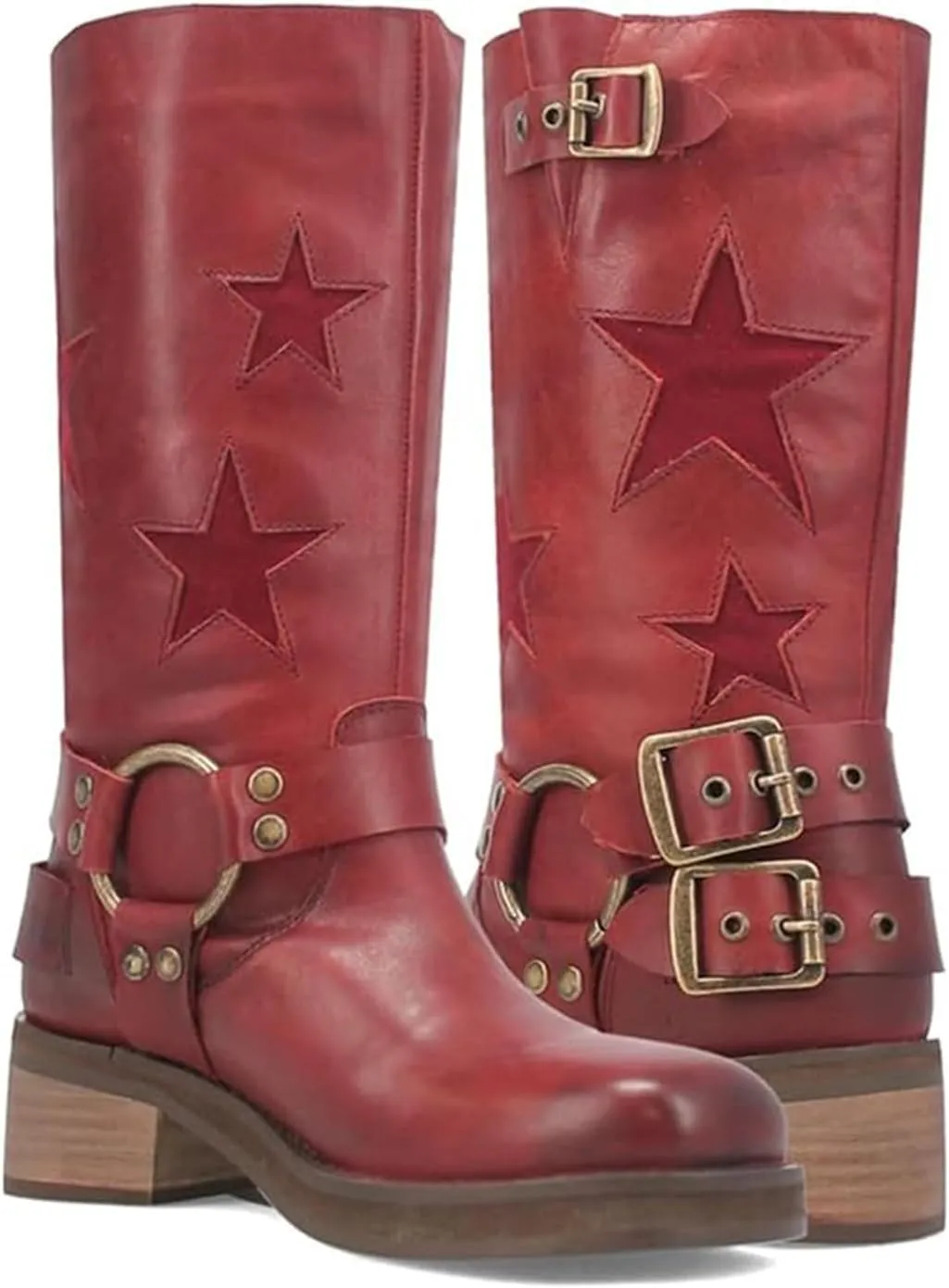 Goolita Buckle Biker Boots Women Square Toe Chunky Heel Star Moto Mid Calf Boots Slip On Motorcycle Riding Boots
