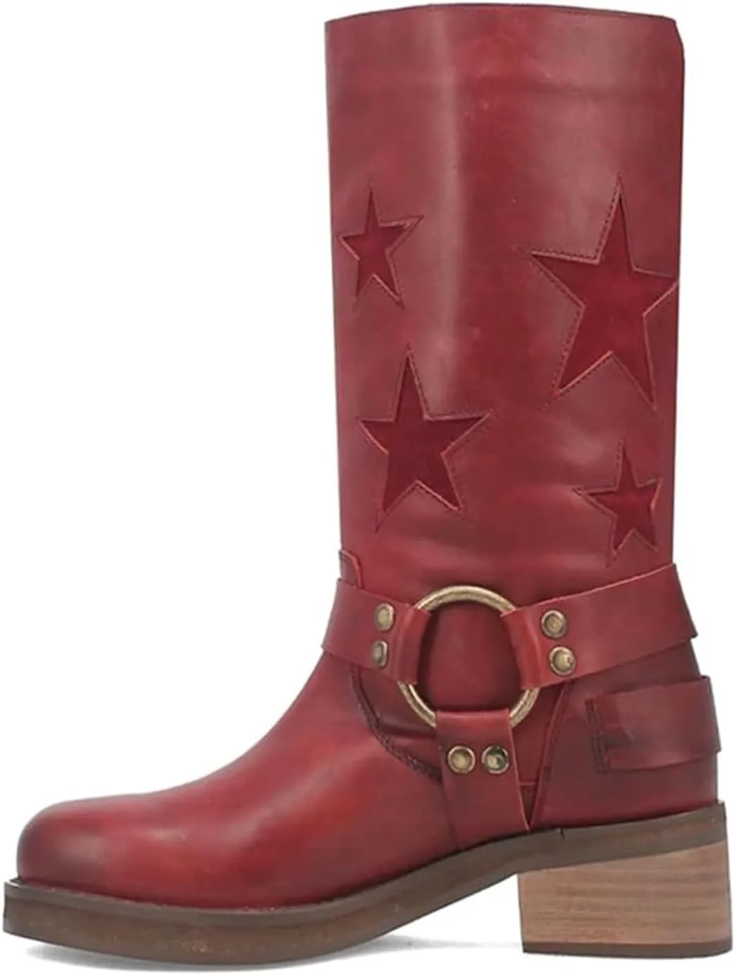 Goolita Buckle Biker Boots Women Square Toe Chunky Heel Star Moto Mid Calf Boots Slip On Motorcycle Riding Boots