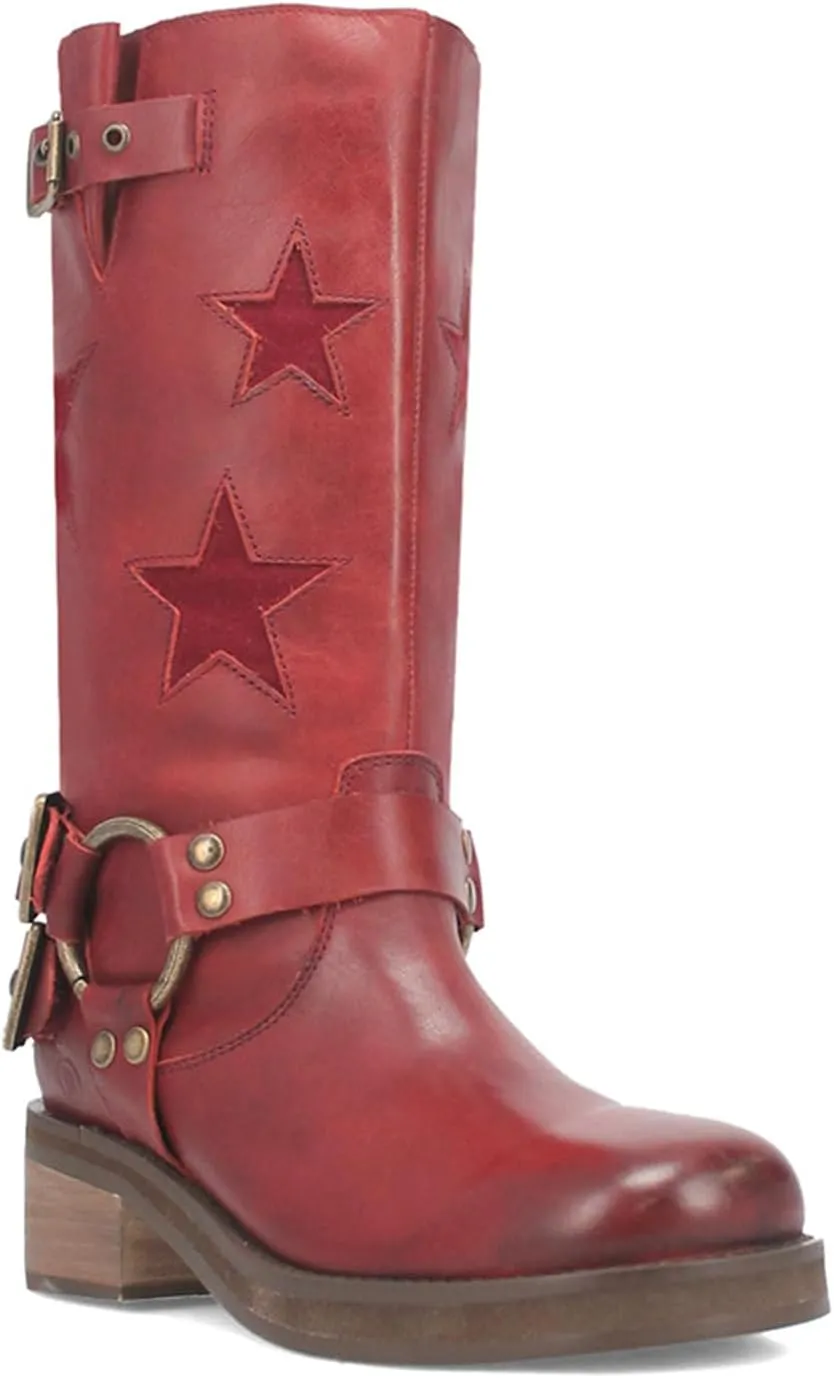 Goolita Buckle Biker Boots Women Square Toe Chunky Heel Star Moto Mid Calf Boots Slip On Motorcycle Riding Boots