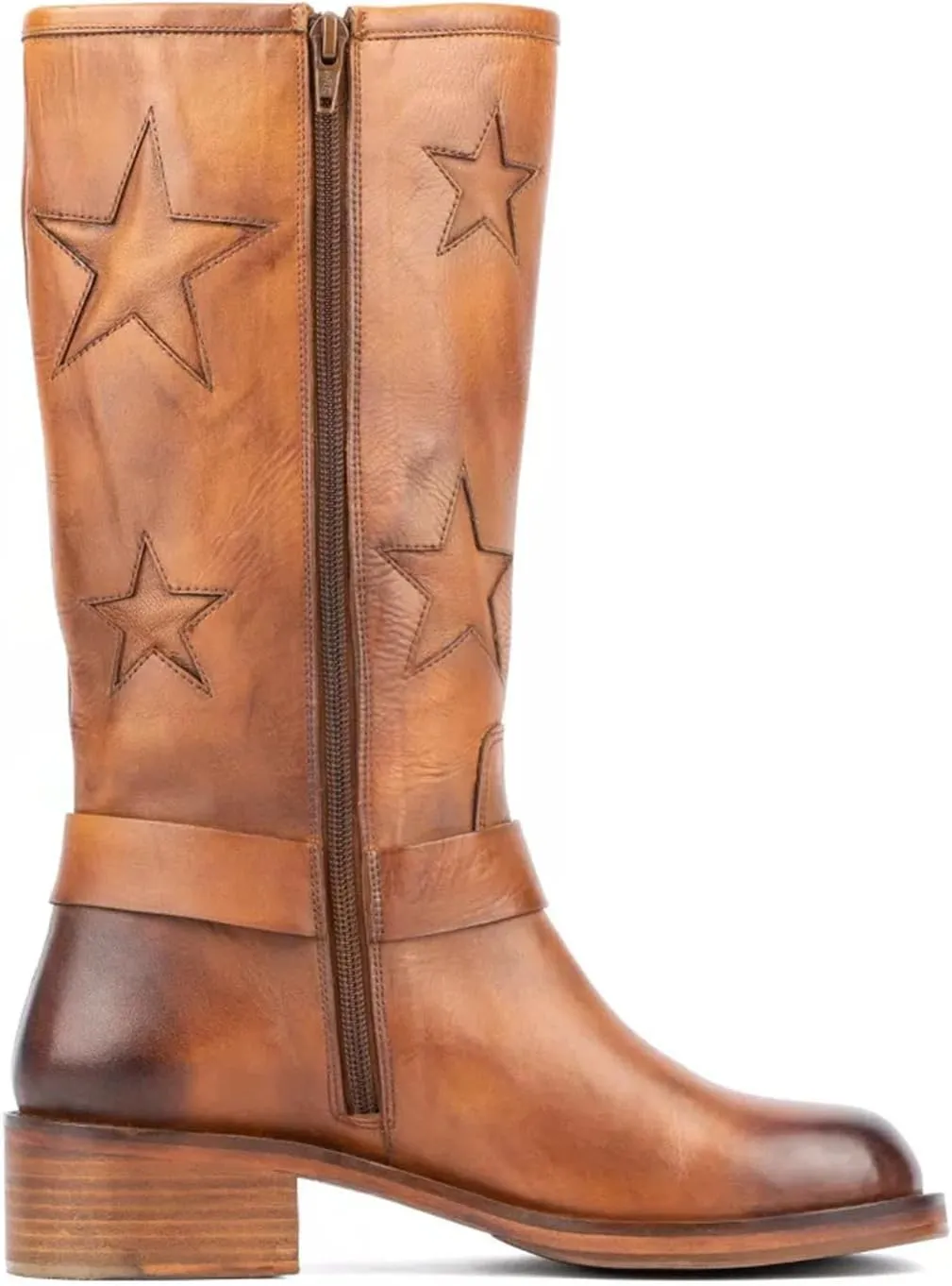 Goolita Buckle Biker Boots Women Square Toe Chunky Heel Star Moto Mid Calf Boots Slip On Motorcycle Riding Boots