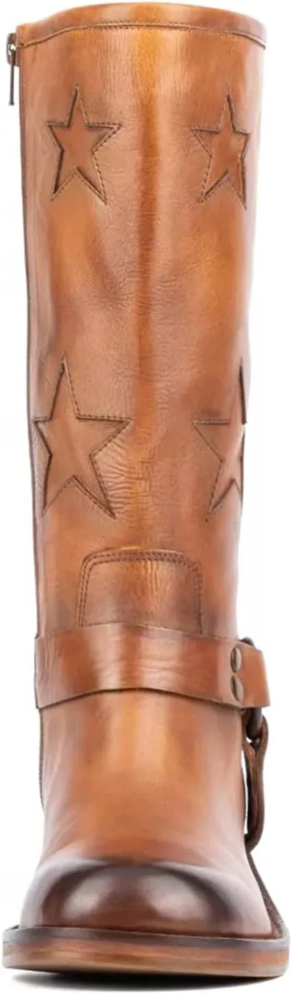 Goolita Buckle Biker Boots Women Square Toe Chunky Heel Star Moto Mid Calf Boots Slip On Motorcycle Riding Boots