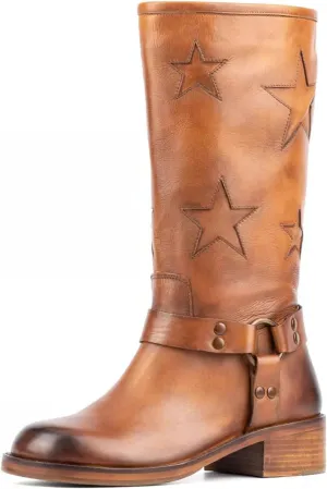 Goolita Buckle Biker Boots Women Square Toe Chunky Heel Star Moto Mid Calf Boots Slip On Motorcycle Riding Boots