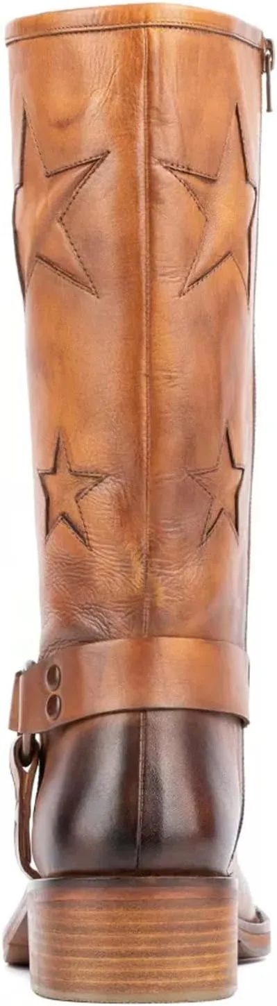 Goolita Buckle Biker Boots Women Square Toe Chunky Heel Star Moto Mid Calf Boots Slip On Motorcycle Riding Boots