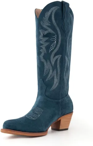 GORBINETI Women Pink Cowboy Boots Mid Calf Cowgirl Boots Sky Blue Western Boots Embroidered Suede Pull On Almond Toe Chunky Heel