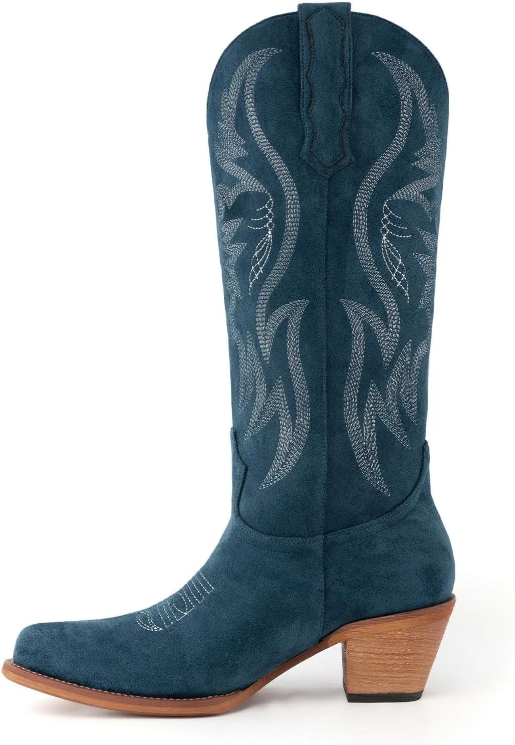 GORBINETI Women Pink Cowboy Boots Mid Calf Cowgirl Boots Sky Blue Western Boots Embroidered Suede Pull On Almond Toe Chunky Heel